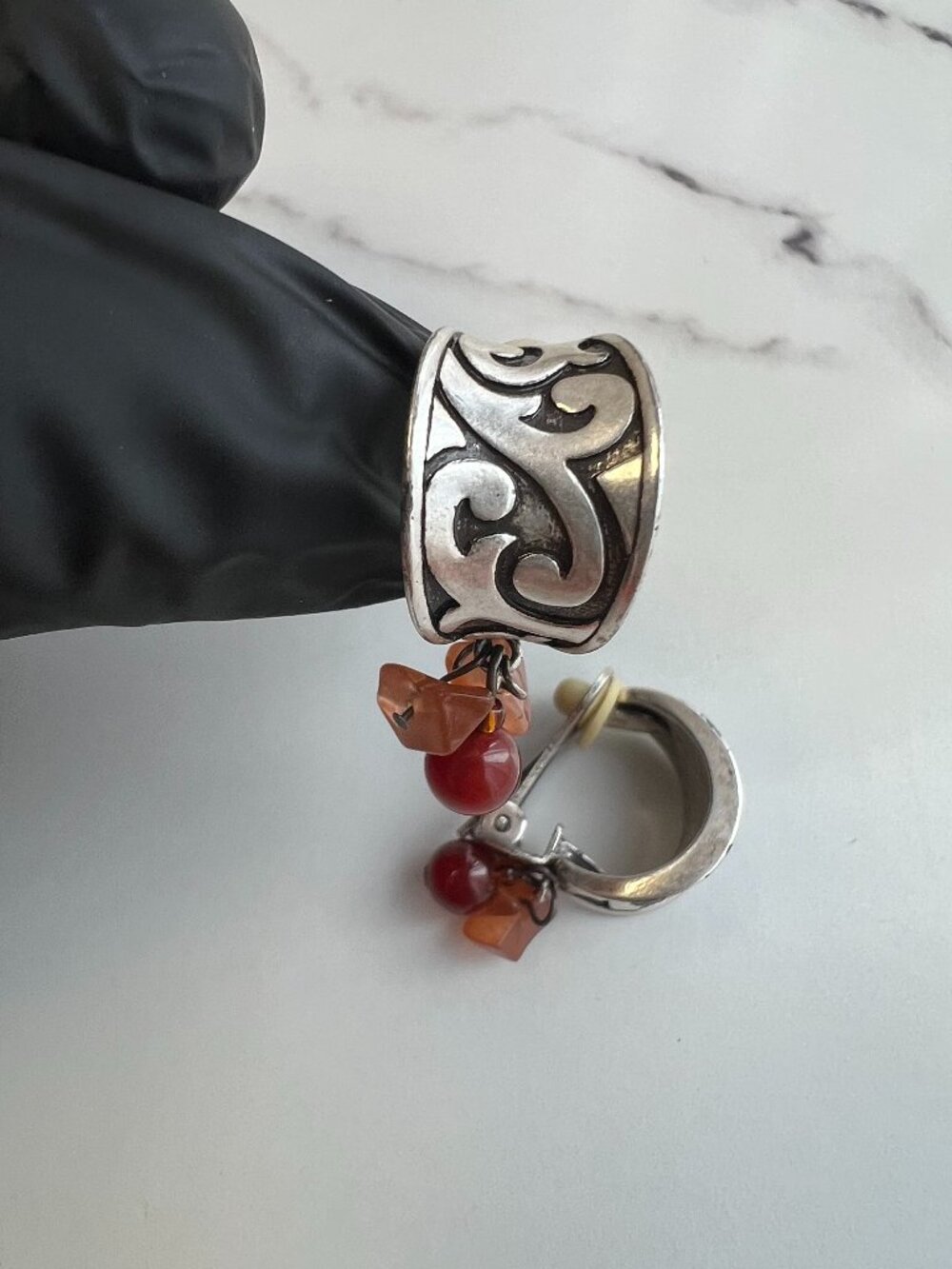 Ornate Silver Scrollwork Hoop Clip-On Earrings with Red and Amber Stone Charms